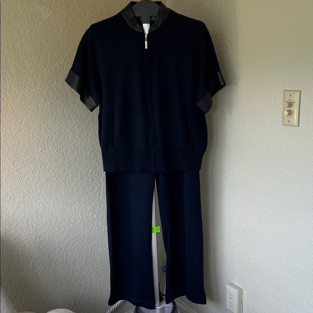 St. John Navy Two Piece Knit Set with Leather around sleeves and collar